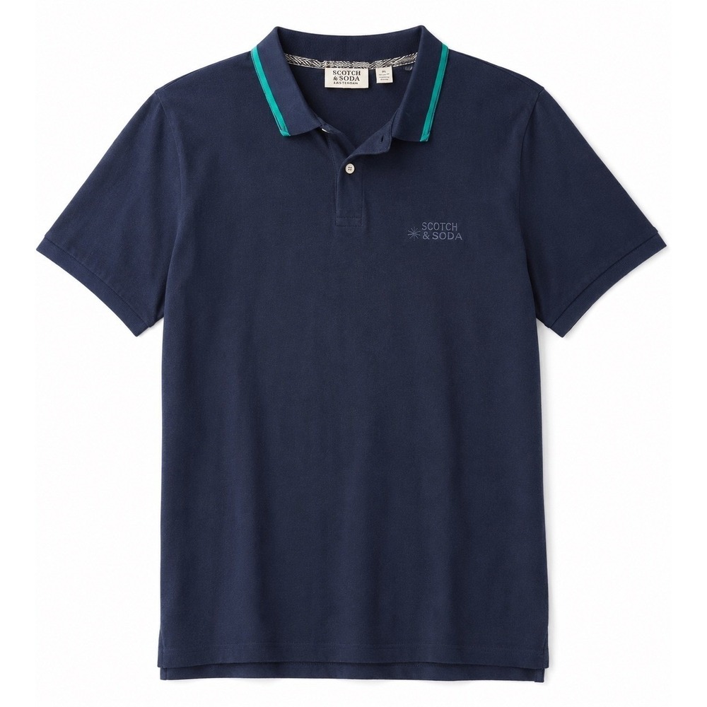 Scotch & Soda Mens XL Navy Blue Teal Tipped Pique Cotton Polo Shirt Short Sleeve